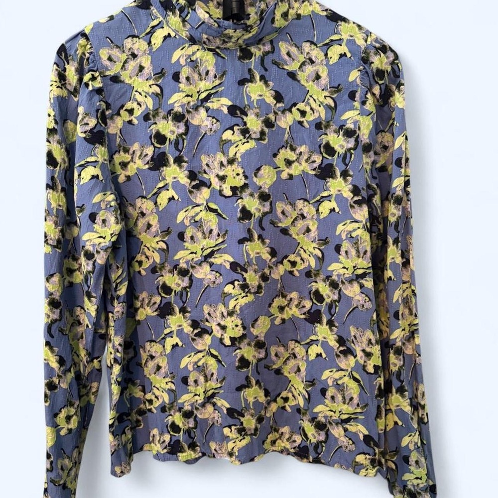 Selected Femme Blue Floral High Neck Blouse Long Sleeve Puff Shoulder Top Small
